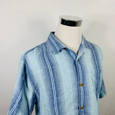Tommy Bahama 100% Linen Large Original Fit Hawaiian Aloha Shirt Striped Blue - Image 1 of 4