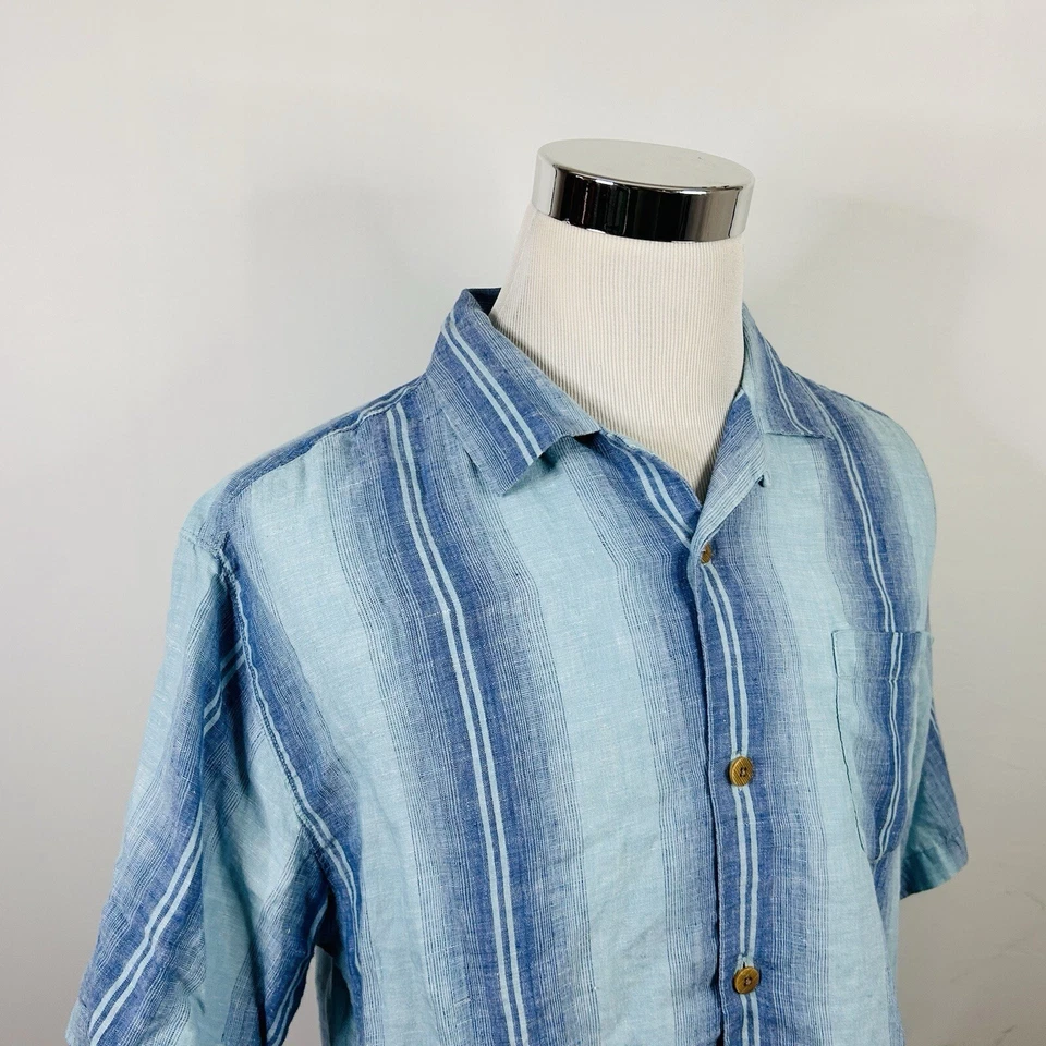 Tommy Bahama 100% Linen Large Original Fit Hawaiian Aloha Shirt Striped Blue - Image 1 of 4