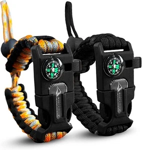 Paracord Survival Bracelet Whistle Compass Fire Starter... 2 Pack NEW - Picture 1 of 10