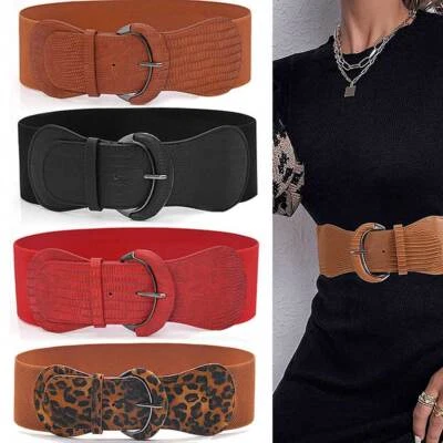 Women Ladies Faux Leather Wide Stretch Elastic Buckle Cinch Waist Wide Belt 75CM - Image 1 of 4