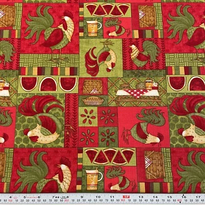 Vintage Farm Roosters by Debbie Mumm for Jo-Ann Cotton Fabric Remnant 52" x 42" - Image 1 of 2