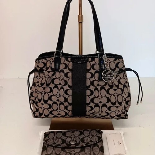 Borsa a tracolla Coach firma monogramma a righe tela Devin con portafoglio Peyton