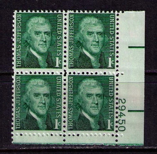 US USA Sc# 1278 MNH FVF PLATE # BLOCK Thomas Jefferson 3rd President - Image 1 of 1