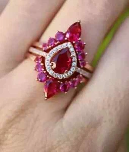 Womens Wedding Trio Ring 14K Rose Gold Plated 2Ct Pear Cut Lab-Created Pink Ruby - Picture 1 of 6