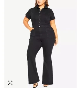 City Chic Sz XL 22 Black Trendy Stretch Denim Flared Black Wash Jumpsuit NWT$159 - Picture 1 of 13