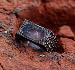 RAW LABRADORITE MENS RING 925 SILVR RING BLACK SIGNET RING GIFT FOR HIM - Picture 1 of 4