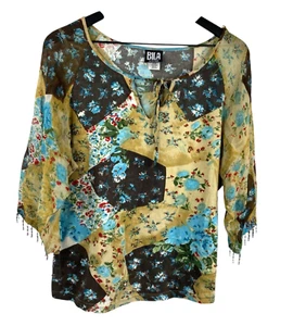 Bila Woman Top Patchwork 3/4 Sleeves Embellished Multicolor Size 1X Boho Cottage - Picture 1 of 9