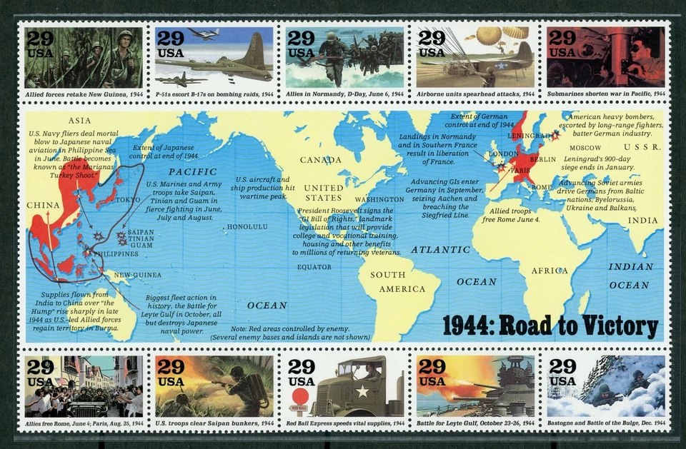 US Stamp #2838 - 1944: Road to Victory 29c - Sheet Pane of 10 - MNH - CV $17.00 - Image 1 of 1