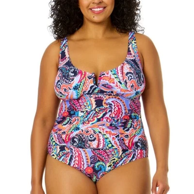 Anne Cole Paisley Parade V-Wire One Piece swimsuit NWT Retail $122 - 24W - Image 1 of 4