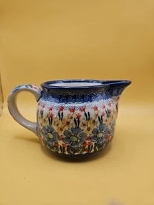 Handmade Hand Painted M. Starzyk Polish Pottery Small Pitcher Blue Floral - Bild 1 von 14