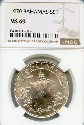BAHAMAS CONCH SILVER DOLLAR 1970 MS-69 NGC SUPERB POP-3/1 - Image 1 of 2