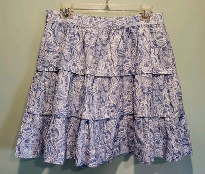 Soft Surroundings Lt Blue Paisley Tiered Linen Blend Pull On Skirt Sz Mp Coastal - Image 1 of 4