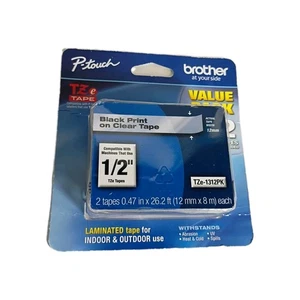 Brother TZe-1312PK P-Touch Label Tape 12mm 1/2" Black on Clear 2-Pack – Sealed - Picture 1 of 7