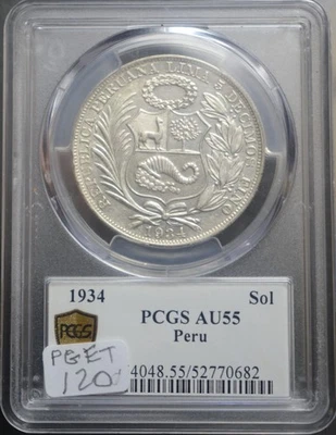 1934 PERU SILVER SOL PCGS AU55 - Image 1 of 4