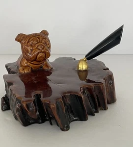 Figura de perro de colección soporte para bolígrafo base de losa de madera bulldog accesorio de escritorio MCM - Imagen 1 de 4