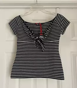 HELL BUNNY Dolly Black + White Stripe Tie Front Top Size Medium M - Picture 1 of 11