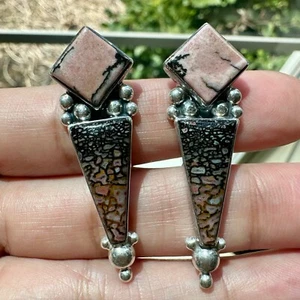 Kim Cevora Sterling Silver Dinosaur Bone Pink Black Rhodonite Earrings 11.3g - Picture 1 of 11
