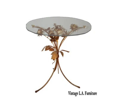 Vintage French Country Italian Gold Gilt Tole Side End Table Made n Italy Roses - Image 1 of 4