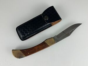 Vintage Navaja Folding Lock Knife Large 11" Wood Brass with leather case