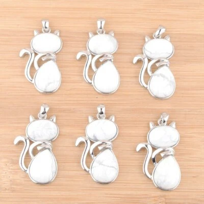 6pcs/lot Natural Stone White Turquoise Cat Pendants Necklace for Jewelry Making - Image 1 of 4