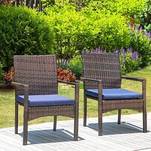 Outdoor Dining Chairs Set of 2 Rattan Chair Patio Wicker Chair w/Cushion/Armrest - Picture 1 of 11