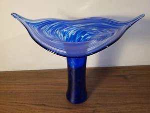 Flared Glass Decorative Vase Signed Glitter Blue & Clear Abstract - Picture 1 of 9