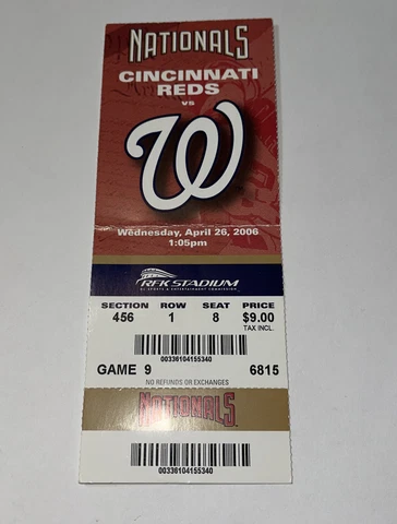 Washington Nationals Vs Cincinnati Reds Game Day ticket Stub. 4/26/2006 Cover