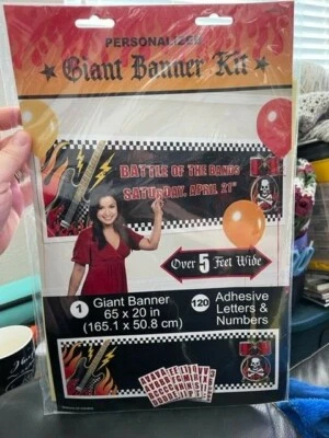 ROCK ON SKULL AND FLAMES GIANT CUSTOMIZABLE BANNER ~ Birthday Party Supplies Red - Image 1 of 2