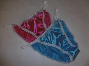 2 Shiny SATIN TANGA string bikini brief PINK &TURQUOISE Ivory Lace SIZES XS-XXL - Picture 1 of 5