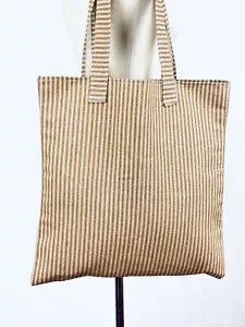 Rustic Brown Stripe Cotton Canvas Tote Bag Shopping Farmers Market Handmade - Foto 1 di 4