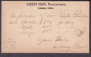 um 1880 AD Postkarte Lorenz Bros Parfümeure Toledo Ohio / Elite Pulver Preise - Bild 1 von 2