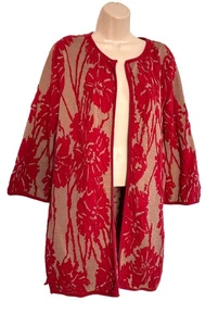 chicos travelers size 2 cardigan open front red tan exploded floral textured - Picture 1 of 9