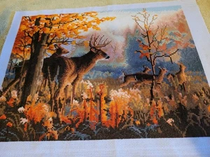 Herbstlicher Hirsch fertig Kreuzstich Bock weißer Schwanz ungerahmt groß - Bild 1 von 9