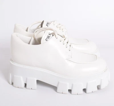 Botas blancas PRADA 100 % cuero liso con cordones informales botines de cuña talla EU 37 Foto 1 de 4