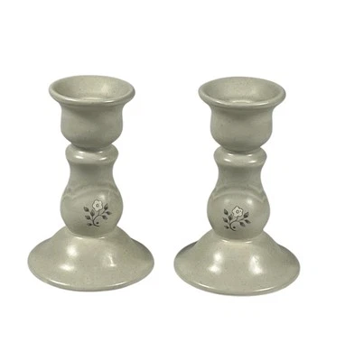Vintage Pfaltzgraff Gray White HEIRLOOM Floral Bloom 2 Taper Candlestick Holders - Image 1 of 4