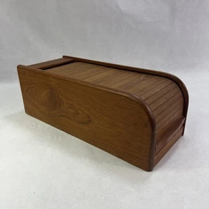 Vtg Kalmar Designs Teak Wood Tambour Roll Top Storage Box 14 1/4" MCM - Picture 1 of 5