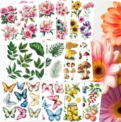Rub on transfer Sticker 3 Bögen je Set Blumen Schmetterlinge Pilze Blätter Obst - Bild 1 von 3