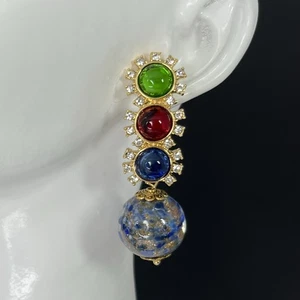 Orecchini Perline Lampwork Vetro Avventurina Multicolore Gripoix Traforati Tono Oro - Foto 1 di 8