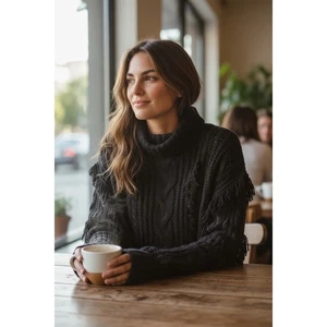 Suéter de cuello alto Wynter para mujer mediano negro flecos tejido con cable grueso - Imagen 1 de 5