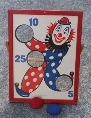 Tablero de juego de lanzamiento de bolsa de frijoles payaso vintage con marco oscilante y caja visual americana Foto 1 de 4
