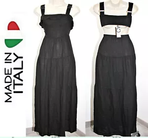 CRISTINA VERGANI 100%Leinen Cut Out gesmokte Rücken Träger Stufen Kleid schwarz Gr. XL - Bild 1 von 14