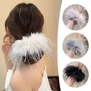 Women's Feather Elastic Wrist Cuffs Hair Scrunchie Large Intestine Hair Ring ↕ - Picture 1 of 17