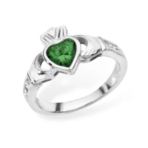 Anello Claddagh In Argento Sterling Con Pietra Verde A Cuore - Foto 1 di 1
