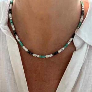 4mm White Buffalo, Blue Arizona Turquoise, & Black Obsidian Heishi Bead Necklace - Picture 1 of 10