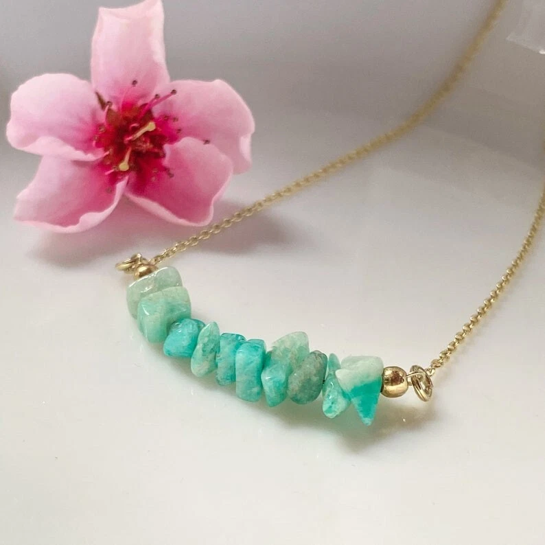 Collares de mujer de 18"" con barra de cadena dorada cuentas de piedras preciosas de astillas lisas sin cortar de amazonita Foto 1 de 4