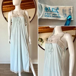 VTG 60'S OLGA *AS-IS* BABY BLUE NYLON LACE MAXI LINGERIE NIGHTGOWN SIZE 32 / XS - Picture 1 of 11