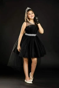 Girls' A-Line Princess High-Low Party Dress – Sleeveless Tulle with Shimmer Belt - Picture 1 of 4
