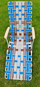 Folding Chaise Lounge Aluminum Webbed Lawn Chair Blue Brown Cream Beach Vintage - Picture 1 of 10