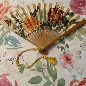 Double Sided Fan Paper Bamboo Peoples Republic of China Floral Butterfly 12” - Picture 1 of 12