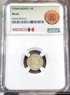 1934 MEXICO SILVER 10 CENTAVOS 10C NGC MS 62 NICE MINT STATE - Image 1 of 3